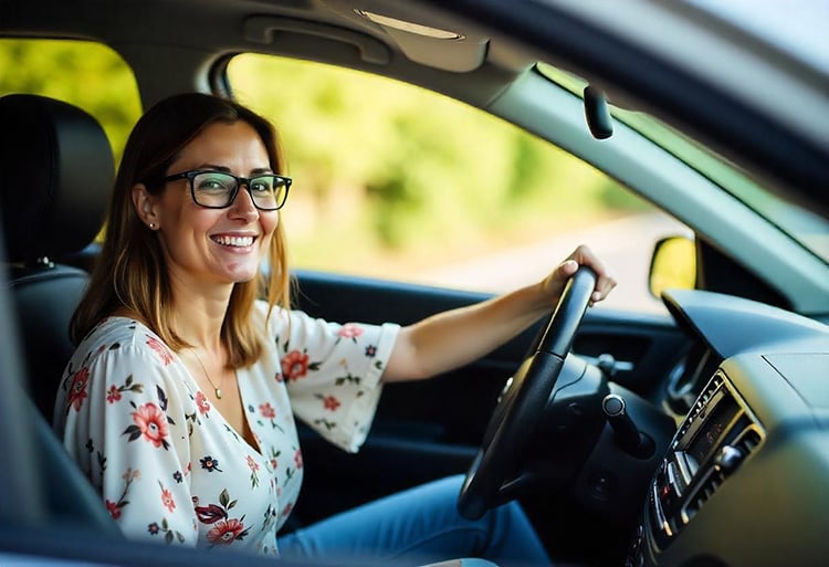 Jeune femme sortant de sa voiture.