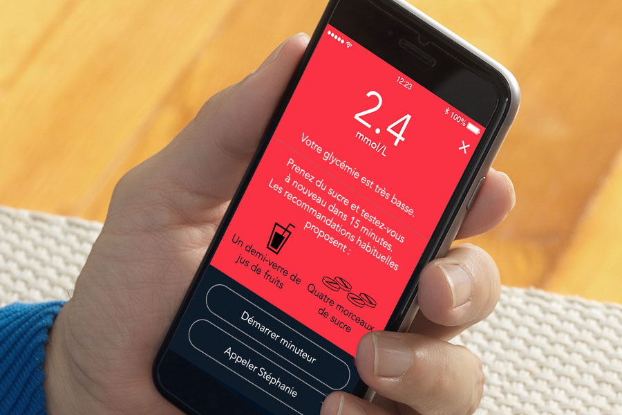 Application CONTOUR® Diabetes affichant une alerte d’hypoglycémie.